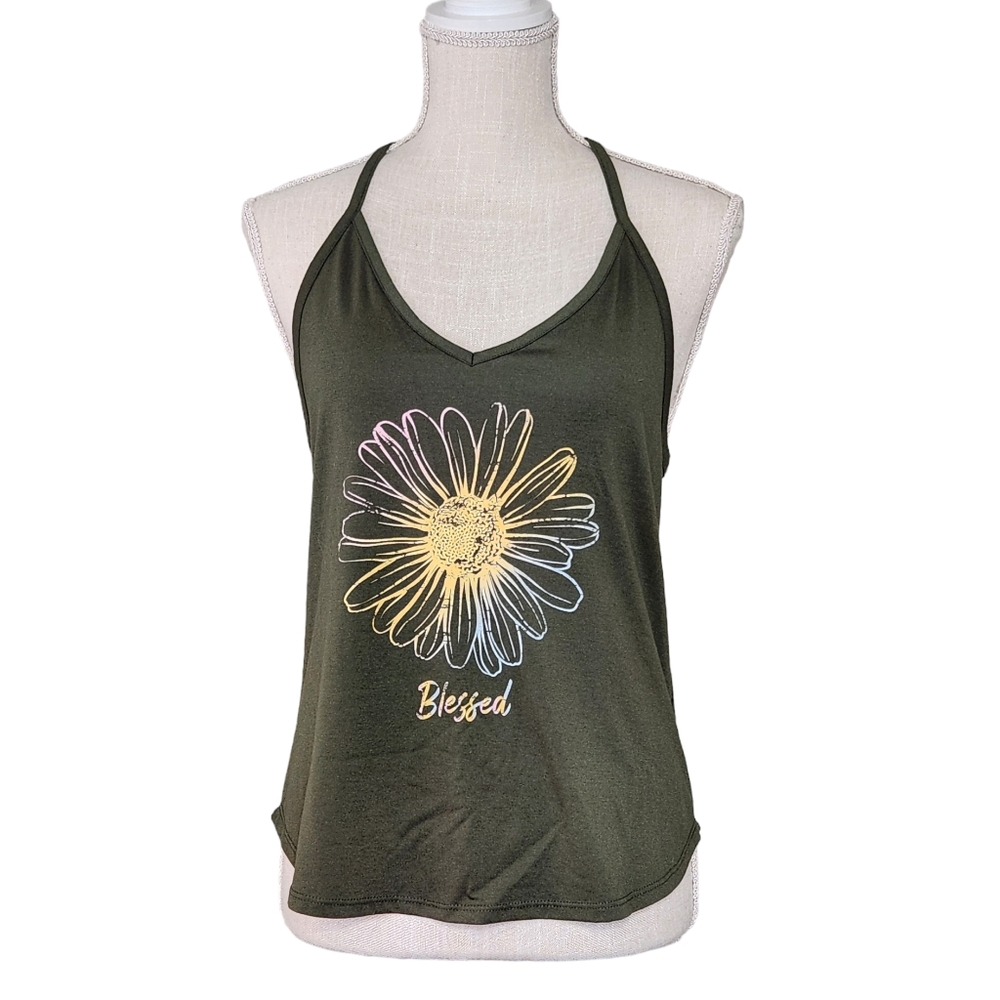 Green Floral | Medium | V-Neck Scoop Spaghetti Strap Racerback Tank Top